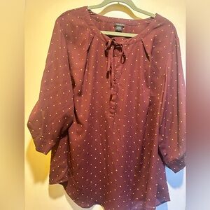 Torrid Maroon w/ Yellow Polka Dot Georgette Tie Neck Top, 3
